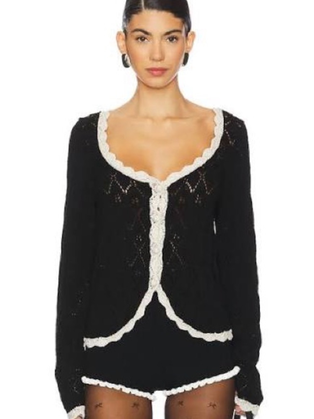 Free People Adelene Pointelle Cardigan black and cream medium NWOT